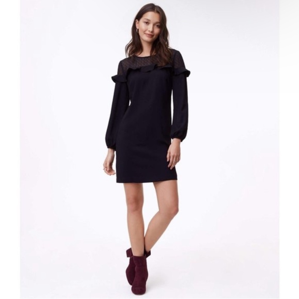 Ann Taylor Loft Womens Black Mesh Polka Dot Ruffle Trim Shift Dress Size 6 NEW